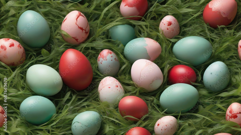 Vibrant Easter eggs, adorned with pastel hues, are carefully tucked into the rich, emerald blades of grass. Generated with AI Vibrant Easter eggs, adorned with pastel hues, are carefully tucked into the rich, emerald blades of grass. Generated with AI