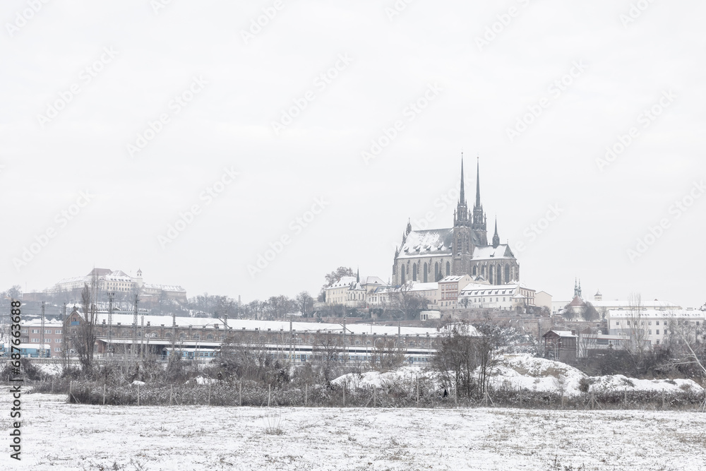 Obraz premium Church of Saints Peter and Paul - Petrov in the city of Brno in the Czech Republic Europe. Winter picture. there is a white dusting of snow around.