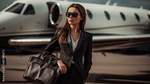 Elegant lady in the background of a private jet. Businesswoman or rich woman after a flight. Illustration for banner, poster, cover, brochure or presentation. photo