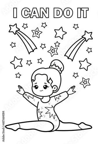 Cute gymnast, stars. Inscription I can do it. Coloring book Black and white vector illustration.