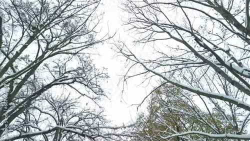 Fly over winter city stream calm river covered in snow, drone