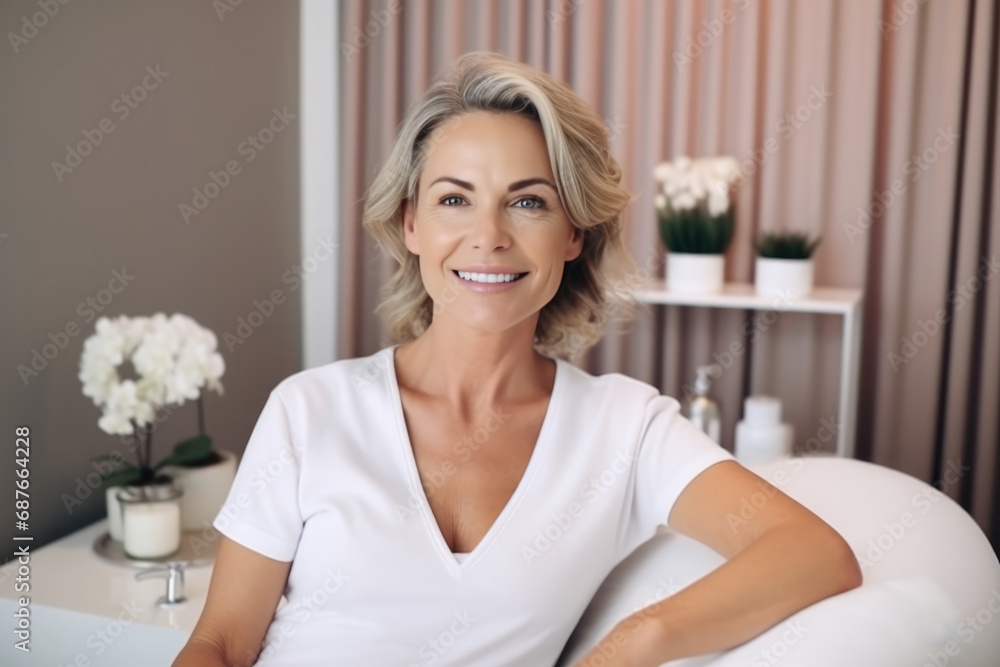 Beauty portrait of a smiling middle aged woman for spa beauty and skincare in beautystudio with modern interior Beauty portrait of a smiling middle aged woman for spa beauty and skincare in beautystudio with modern interior
