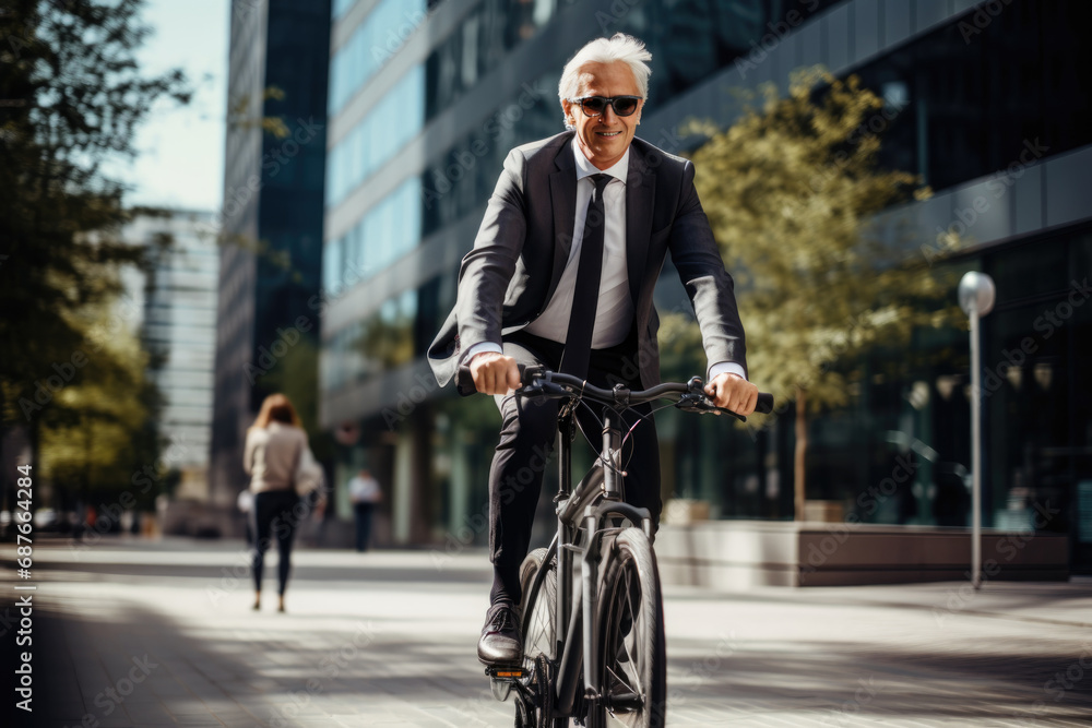 Handsome middle aged businessman riding on his bicycle outside buildings. Ecologic transport concept