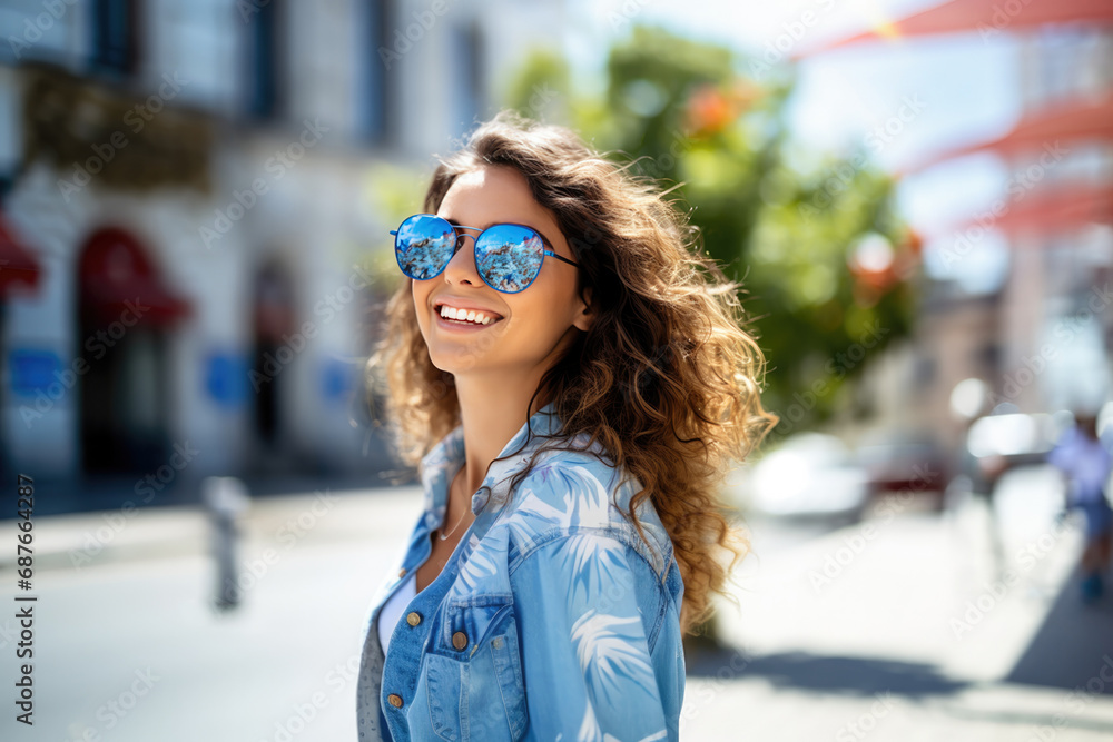 Woman wearing in sunglasses in blue on the street
