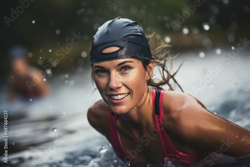 Focused woman triathlete swimming in rain photo