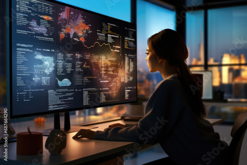 Business woman has notes in front of her computer screen