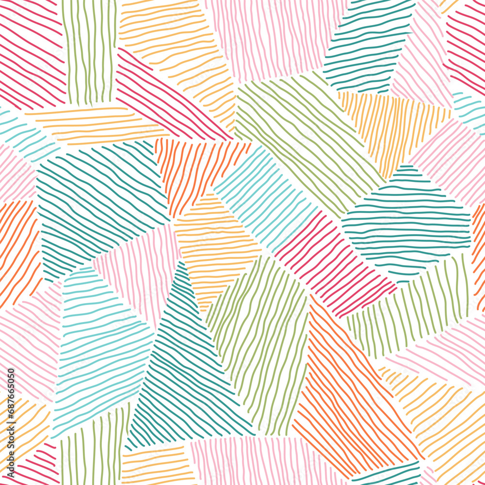 Seamless colorful mosaic pattern of textured geometric shapes.
