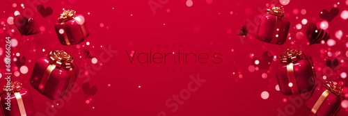 Valentine's Day greeting card design. Red gift boxes with hearts and text on red background. 3D Rendering, 3D Illustration
