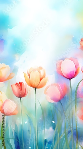 Spring watercolor background with flowers.