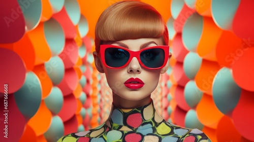 Female model close up portrait on futuristic pattern background, retro style.