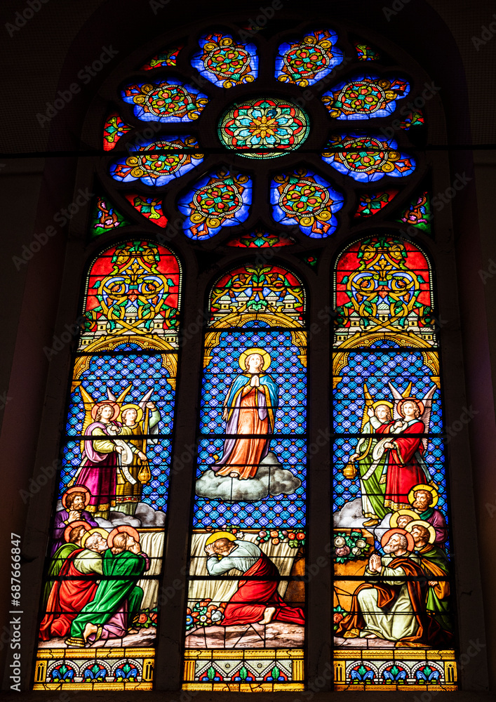 Stained glass made in 1882 by Charles-Fançois Champigneulle in Saint John the Baptist church, Hasparren, Basque Country, France.