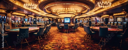 Intérieur d'un casino (poker, blackjack ou roulette), tapis au sol et lumière coloré photo