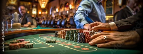 Table de jeu (poker, blackjack ou roulette) à l'intérieur d'un casino, gros plan sur les jetons et les mains photo