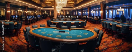 Intérieur d'un casino (poker, blackjack ou roulette), tapis au sol et lumière coloré