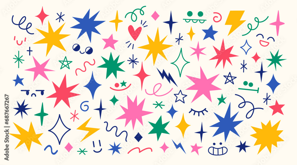 Vector set of hand drawn various colourful funny stars, sparks, wave shapes and comic creatures faces. Cute doodle design elements. - obrazy, fototapety, plakaty 