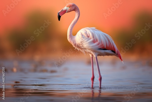 Pink Flamingo in Reflection Tropical Wildlife on Water