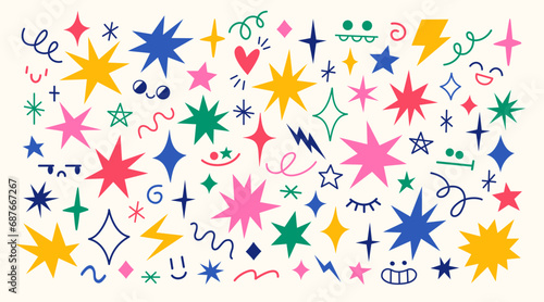 Vector set of hand drawn various colourful funny stars, sparks, wave shapes and comic creatures faces. Cute doodle design elements.