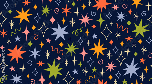 Colourful funny vector seamless pattern with random various hand drawn doodle stars and sparks. Christmas, birthday wrapping paper, background, wallpaper, textile..