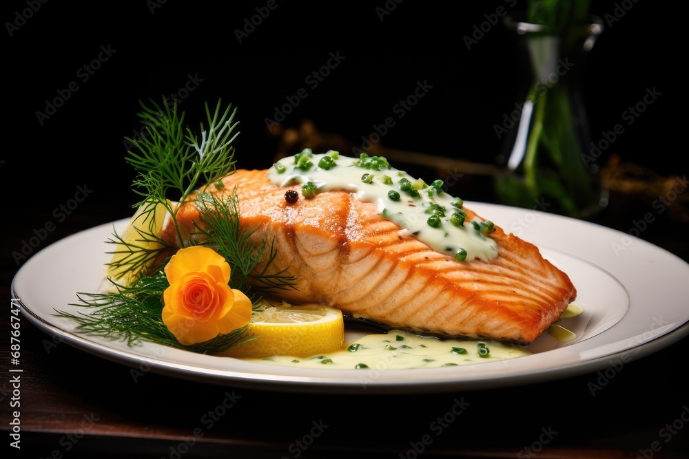 Healthy Gourmet Dinner with Fresh Salmon and Garnish on Black Plate Healthy Gourmet Dinner with Fresh Salmon and Garnish on Black Plate