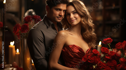 Young beautiful couple celebrating Saint Valentine's day. Woman holds bouquet of roses, candlelight on background