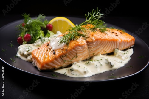 Healthy, Delicious Citrus Fruit Dish with Fresh Salmon on a Black Plate