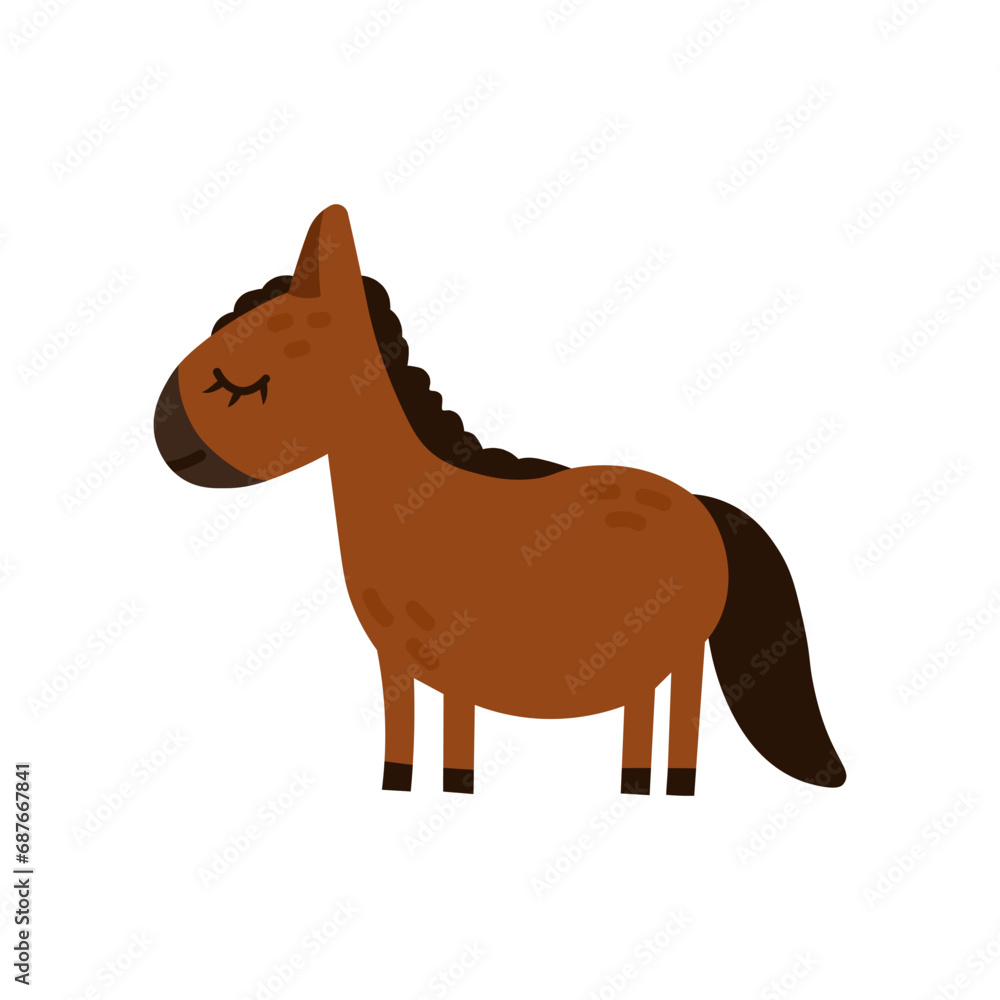 Cartoon horse animal isolated on white. Cute character, vector zoo, wildlife poster.