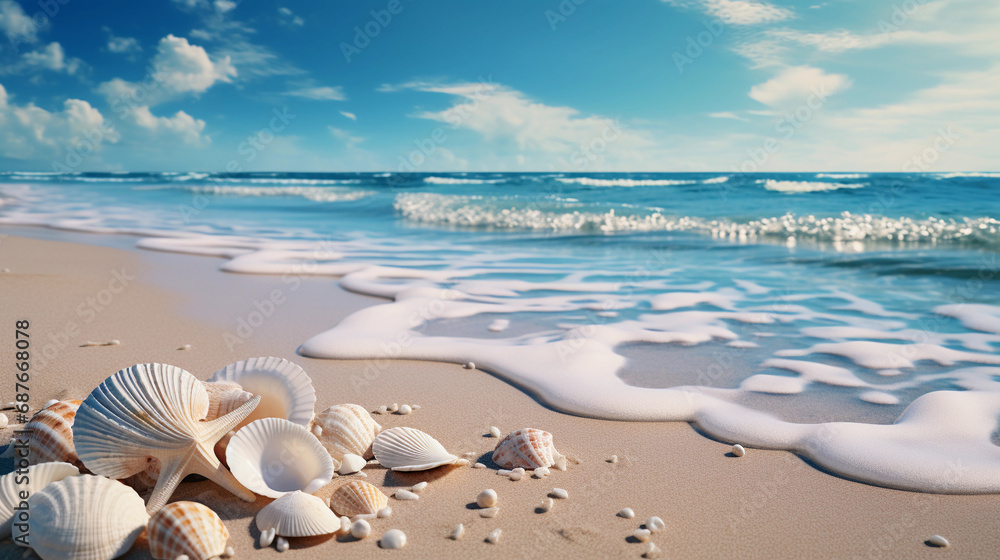 Obraz premium Serene Beach Scene with an Artistic Collection of Shells - A Calm Coastal Moment