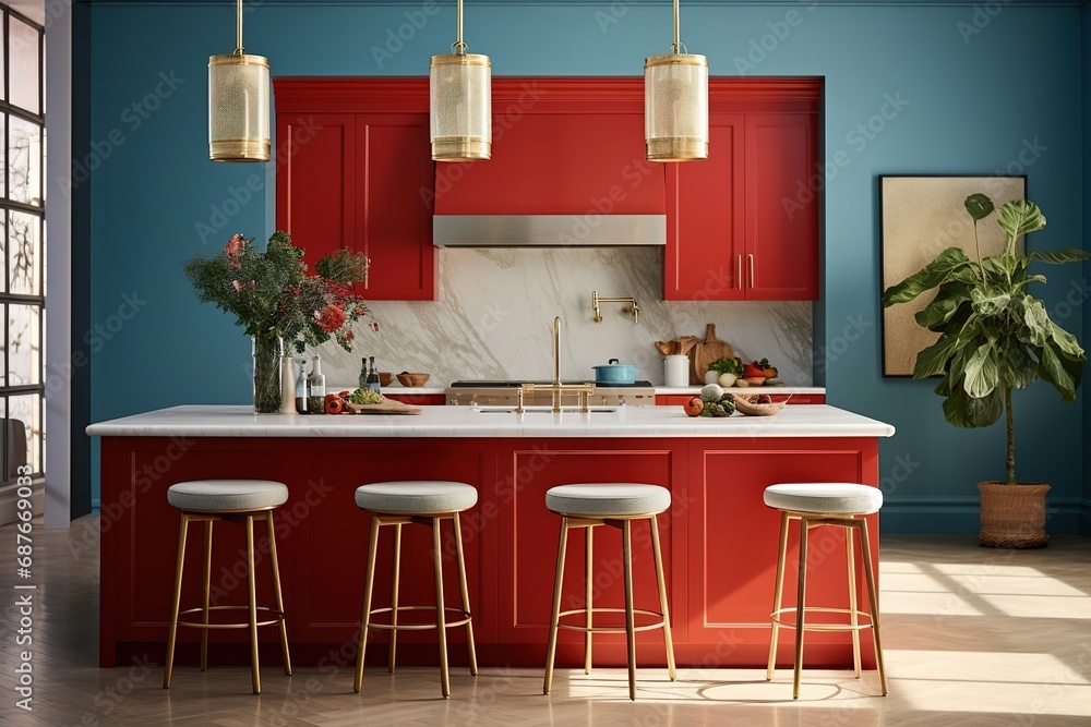 Interior of modern stylish kitchen with island and red cabinets