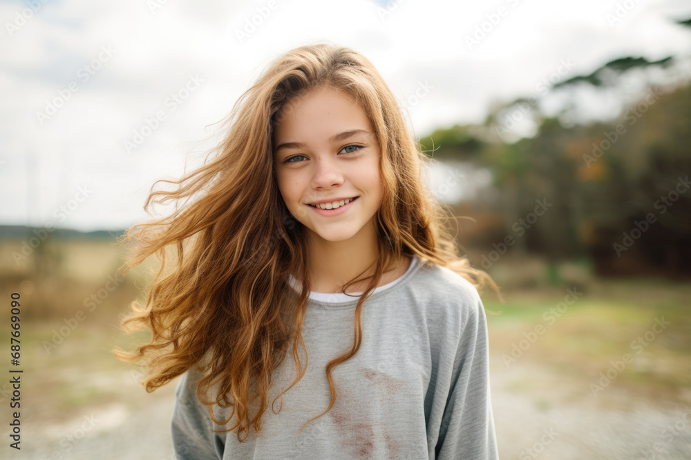A young girl with long red hair is smiling for the camera