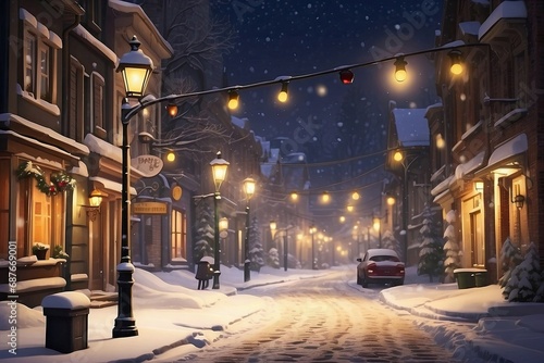 Snowy street of a small town, glowing lanterns, falling snow.
