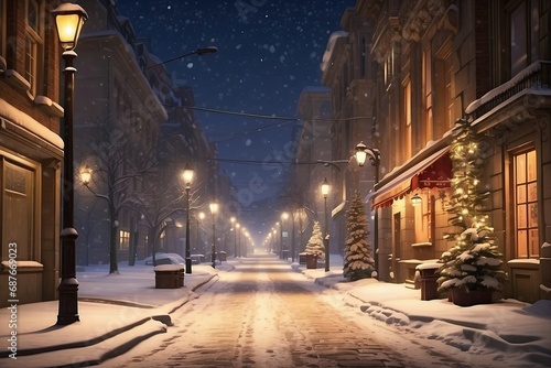Perspective of a city street covered with snow, glowing lanterns, falling snow.