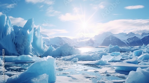 A breathtaking view of a glacier, with ice formations glittering under the sun.