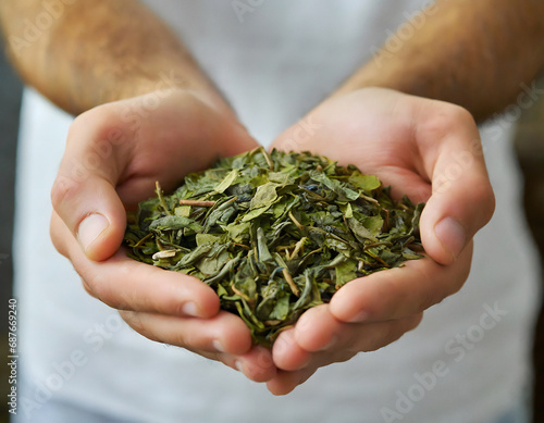 Cupped hands holding loose leaf tea © Tim Bird