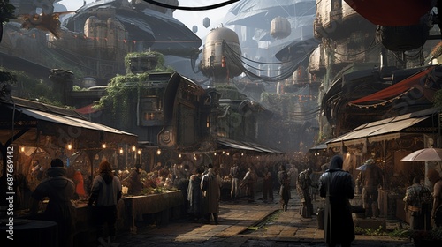 A bustling futuristic marketplace with a mix of human and alien vendors.