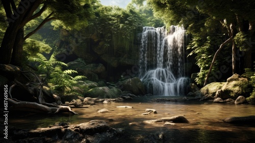 Blurred Motion Waterfall in Lush Forest with Flowing Water