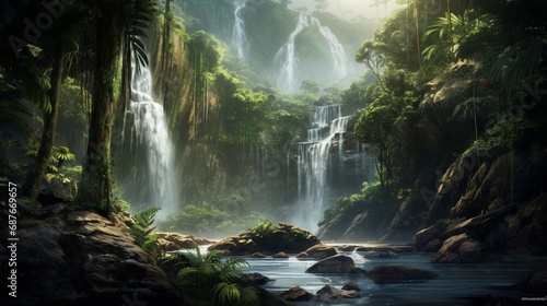 A cascading waterfall hidden deep within a lush, tropical jungle. © Image Studio
