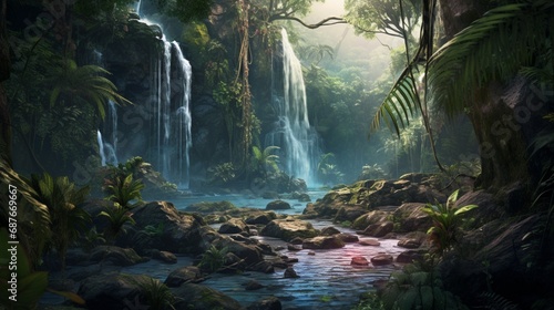 A cascading waterfall hidden deep within a lush, tropical jungle. photo