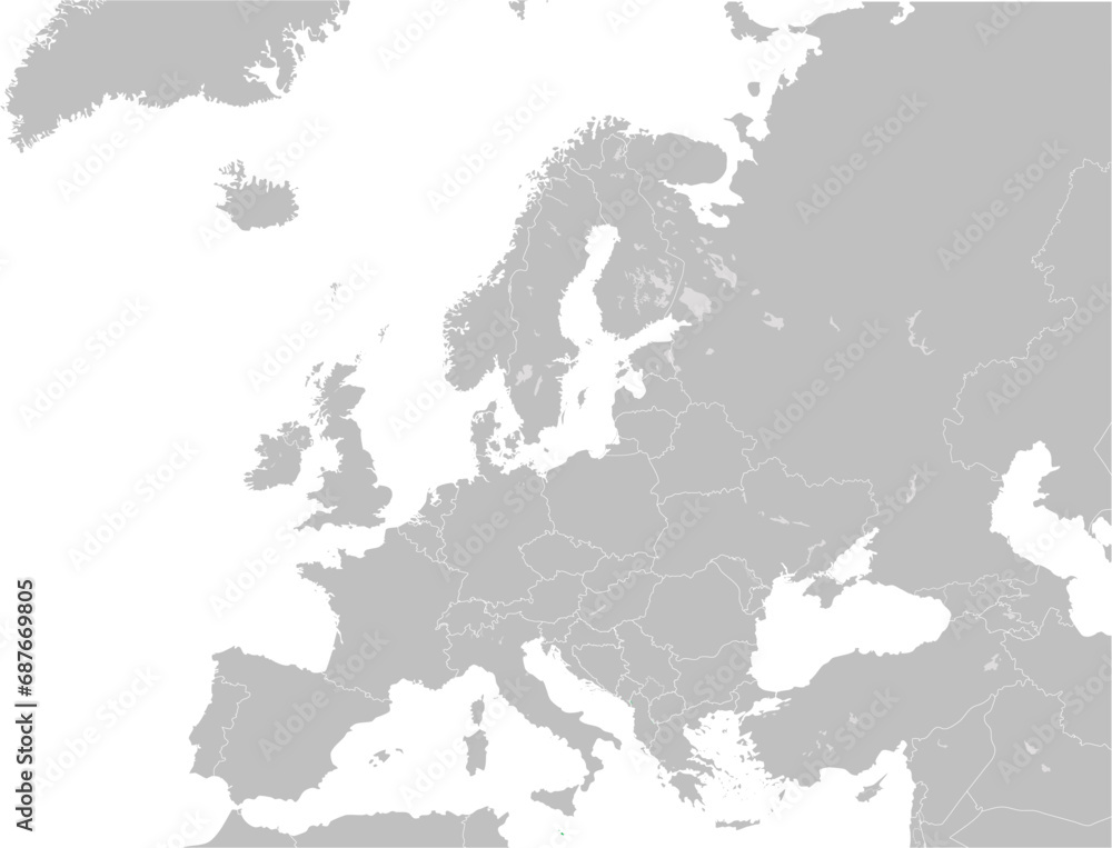 Green CMYK national map of MALTA inside detailed gray blank political map of European continent with lakes on transparent background using Mercator projection