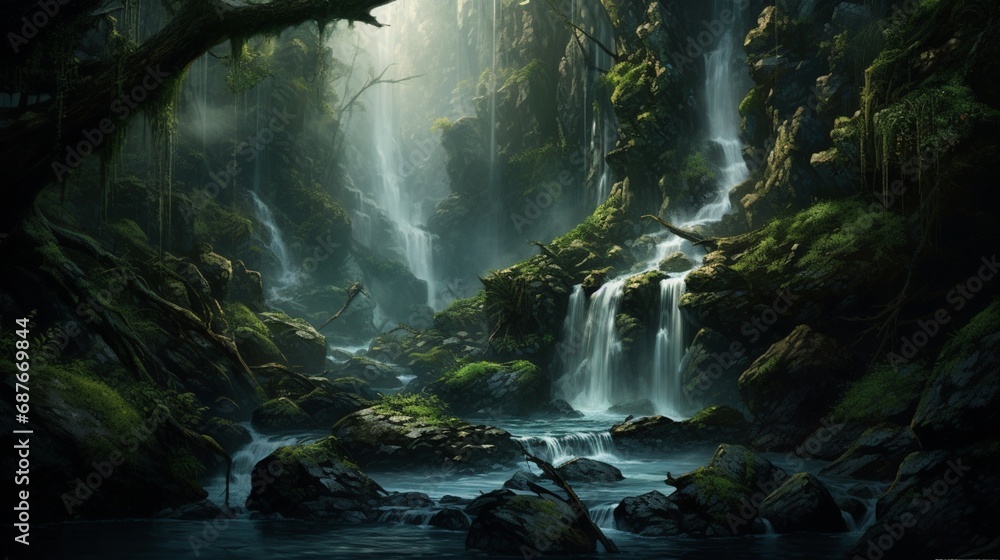 A cascading waterfall in the middle of a dense, mystical forest.