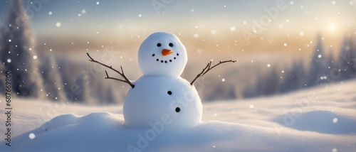 Snowman in a snowy forest background © Mikalai