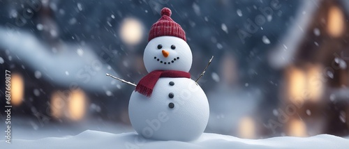 Snowman in hat and scarf against snowy city background © Mikalai