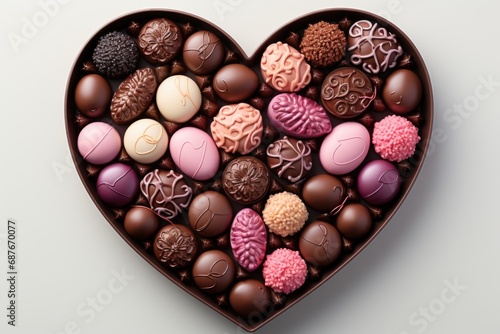 A heart shaped box filled with lots of chocolates