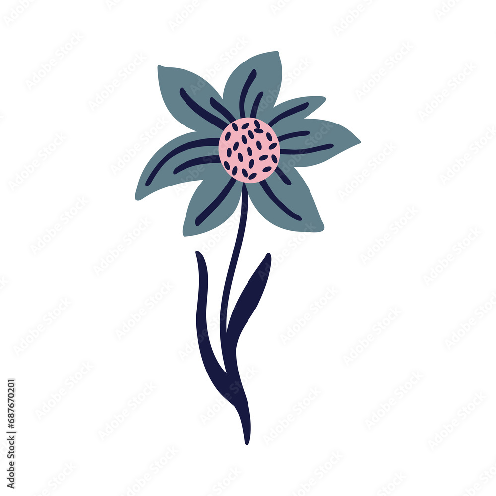 blue flower in Asian style. Cute cartoon illustration of flower