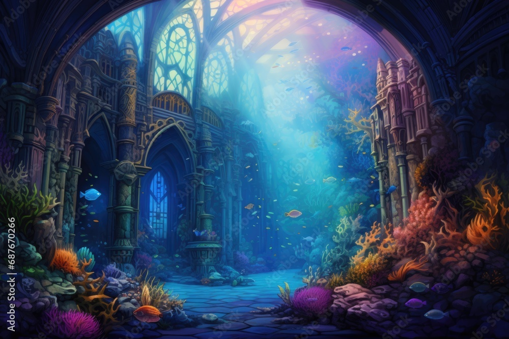 A painting of a fantasy underwater world