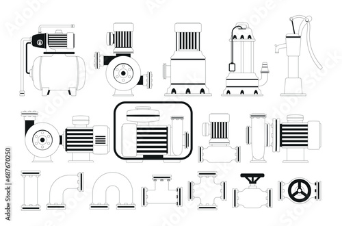 Water Supply System Outline Icons Set. Pipes, Pumps, And Valves Items That Transport Water From Its Source