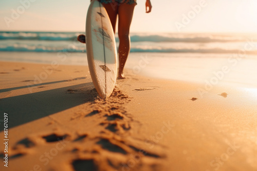 Surfer girl with surfboard on the beach at sunset. Healthy lifestyle concept 