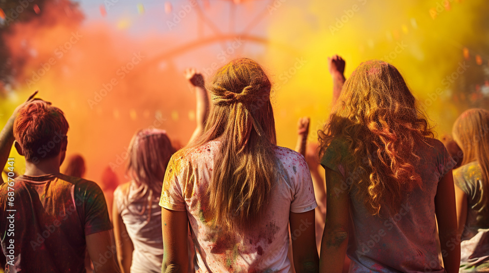 Group of friends having fun at holi color festival, people covered with colored powder
