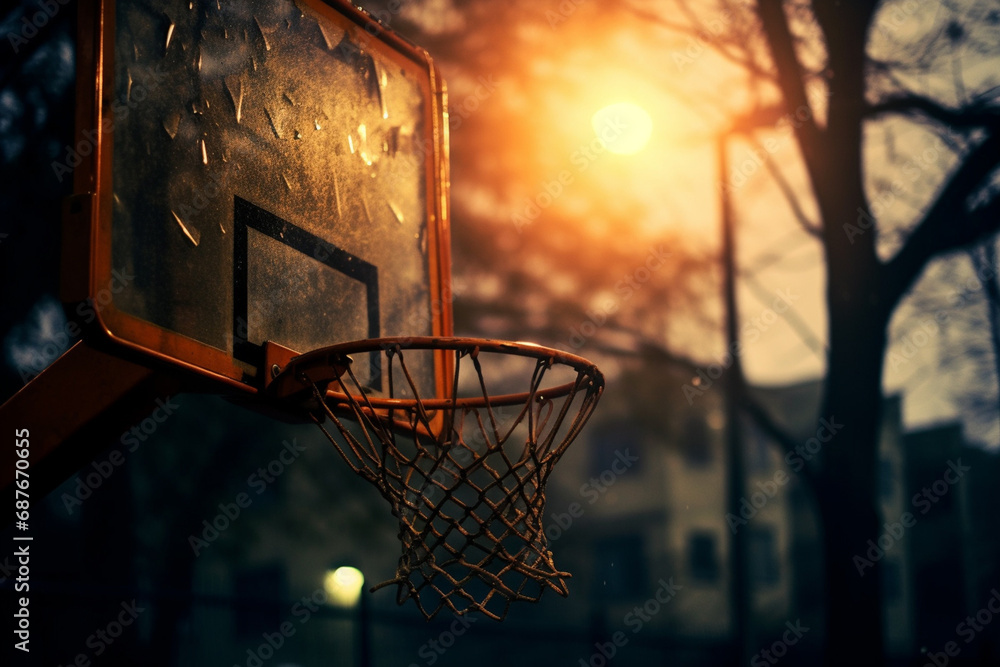 basketball backboard and net at night in the city, close up