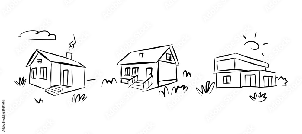 Doodle line art houses. Vacation home, suburban area and hand dwawn housing market branding vector illustration set of building estate line, house outline graphic.