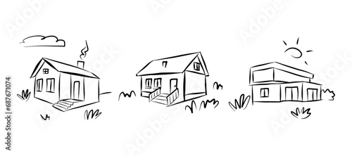 Doodle line art houses. Vacation home, suburban area and hand dwawn housing market branding vector illustration set of building estate line, house outline graphic.